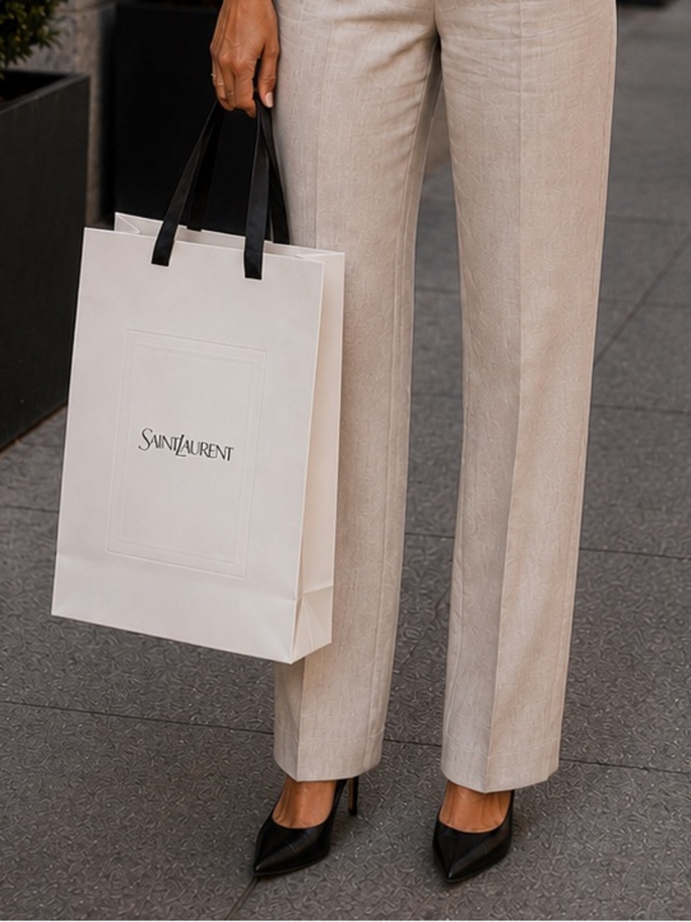Yves Saint Laurent White Shopping thick Paper Tote with Black Handles